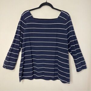 TALBOTS Nautical Striped 3/4-Sleeve Square Neck Cotton Top, XL